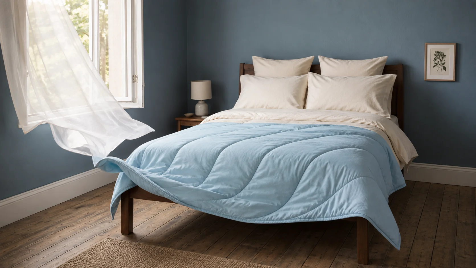 An open bedroom window, the curtain moving, the edge of the blanket lifted by the draught.