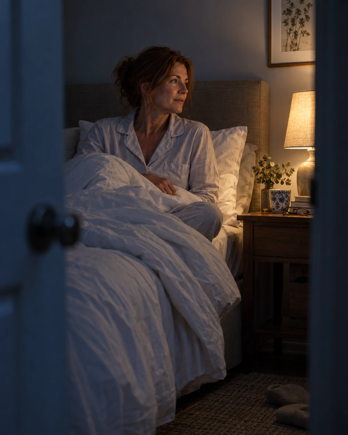 An adult sitting quietly in bed beside a warm lamp at night.