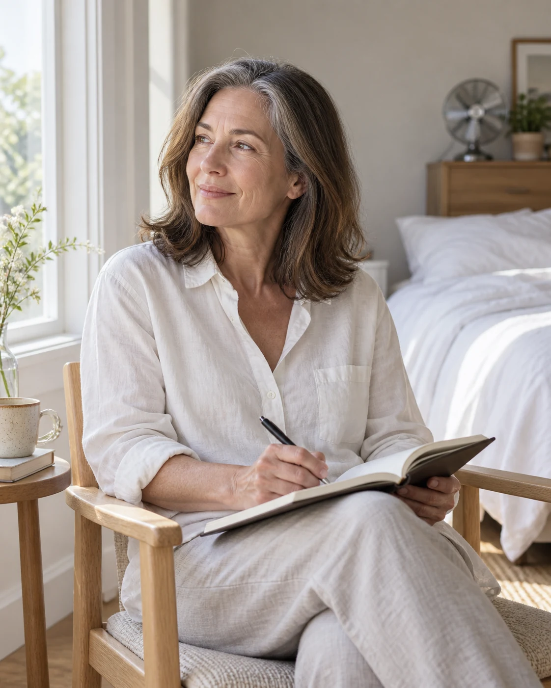 An adult reflecting with a notebook beside a bedroom window.